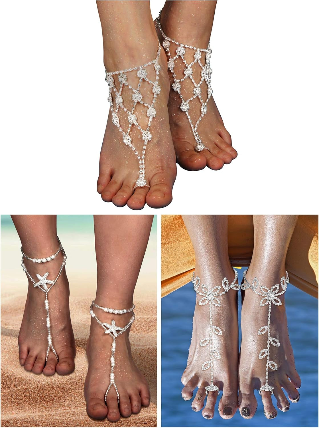 6 Pcs Foot Jewelry Barefoot Sandals for Women Rhinestone Anklets Bohemian Foot Chain for Beach Wedding Valentine