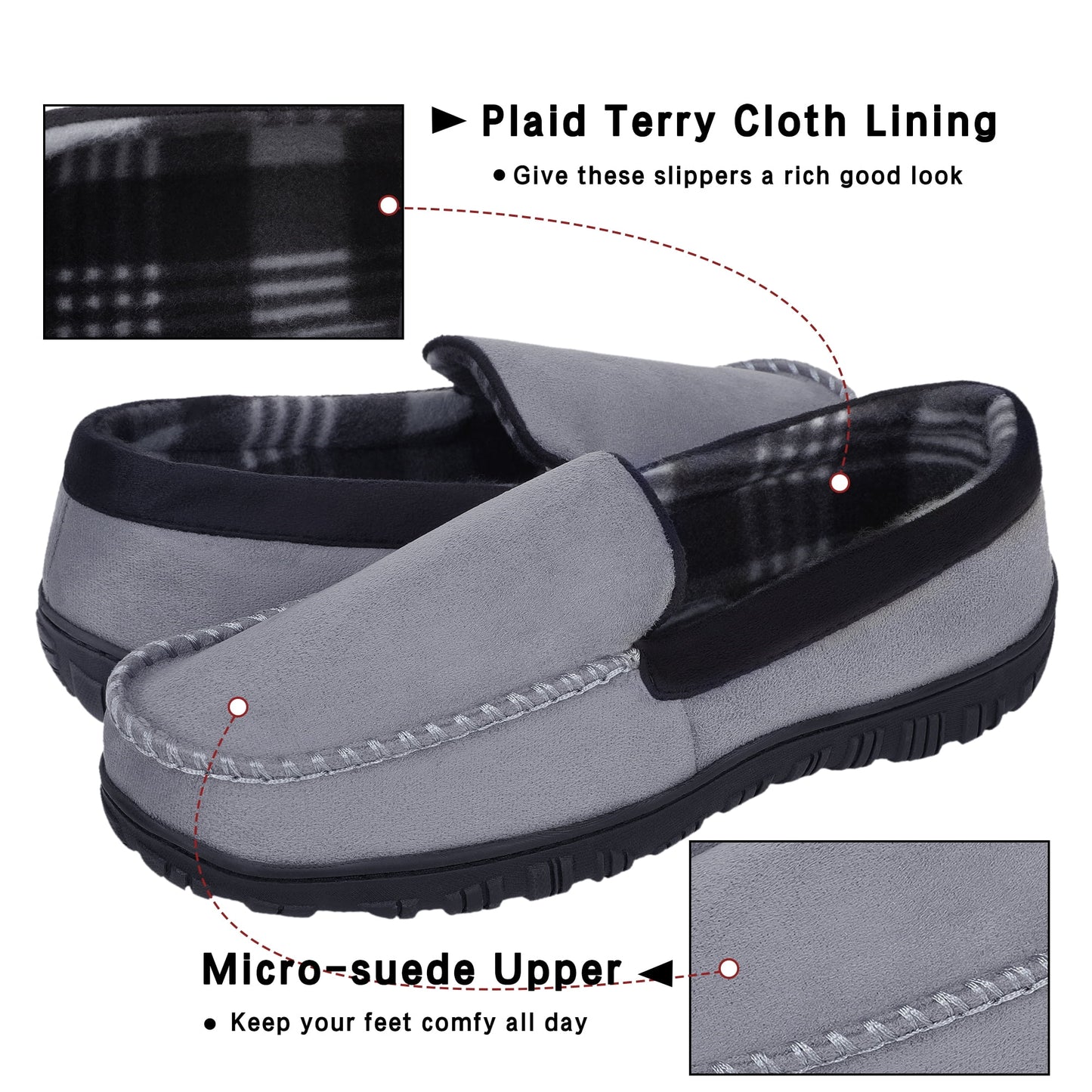 Slippers for Men Moccasins for Men Cozy Memory Foam House Slippers Indoor Outdoor Bedroom Shoes Hard Rubber Sole MALE Greyblack 10
