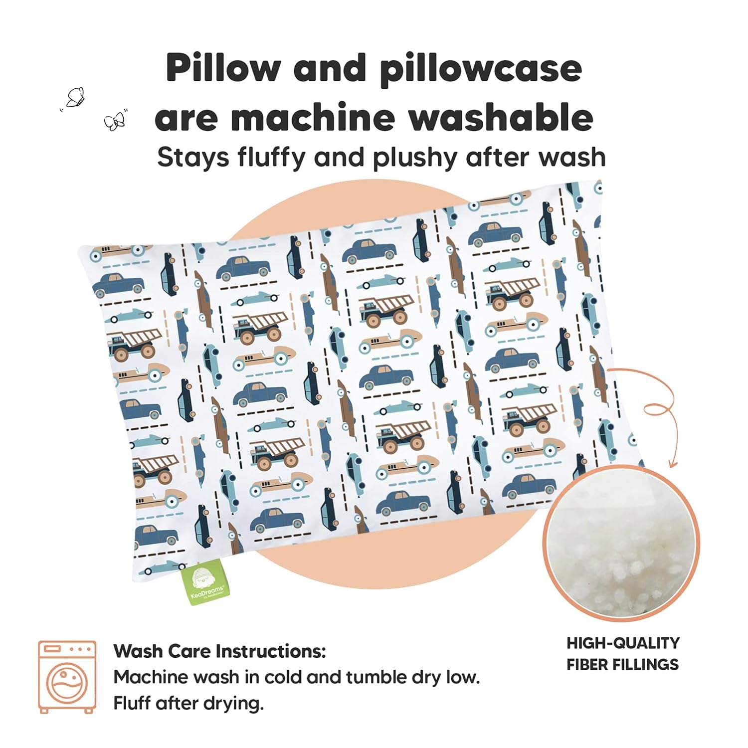 Toddler Pillow with Pillowcase - 13X18 My Little Dreamy Kids Travel Bed Pillows for Sleeping, Organic Cotton Small Pillowcase, Soft & Breathable, Machine Washable, Toddlers 2-5 Years Old (Vroom)