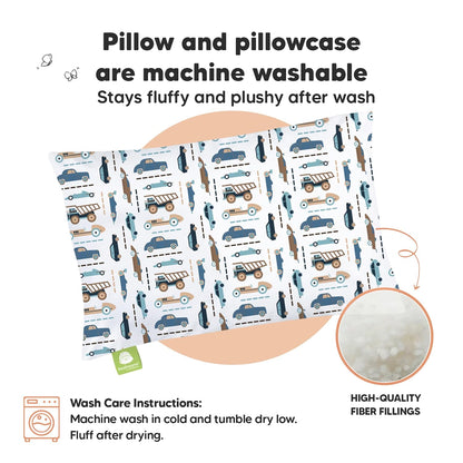 Toddler Pillow with Pillowcase - 13X18 My Little Dreamy Kids Travel Bed Pillows for Sleeping, Organic Cotton Small Pillowcase, Soft & Breathable, Machine Washable, Toddlers 2-5 Years Old (Vroom)