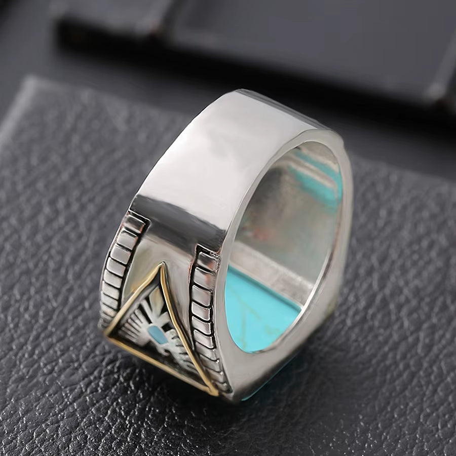 Fashion Vintage Square Turquoise Stones Rings for Men Feather Carving Indian Accessories Jewelry Bague Masculine Cool Band Gift