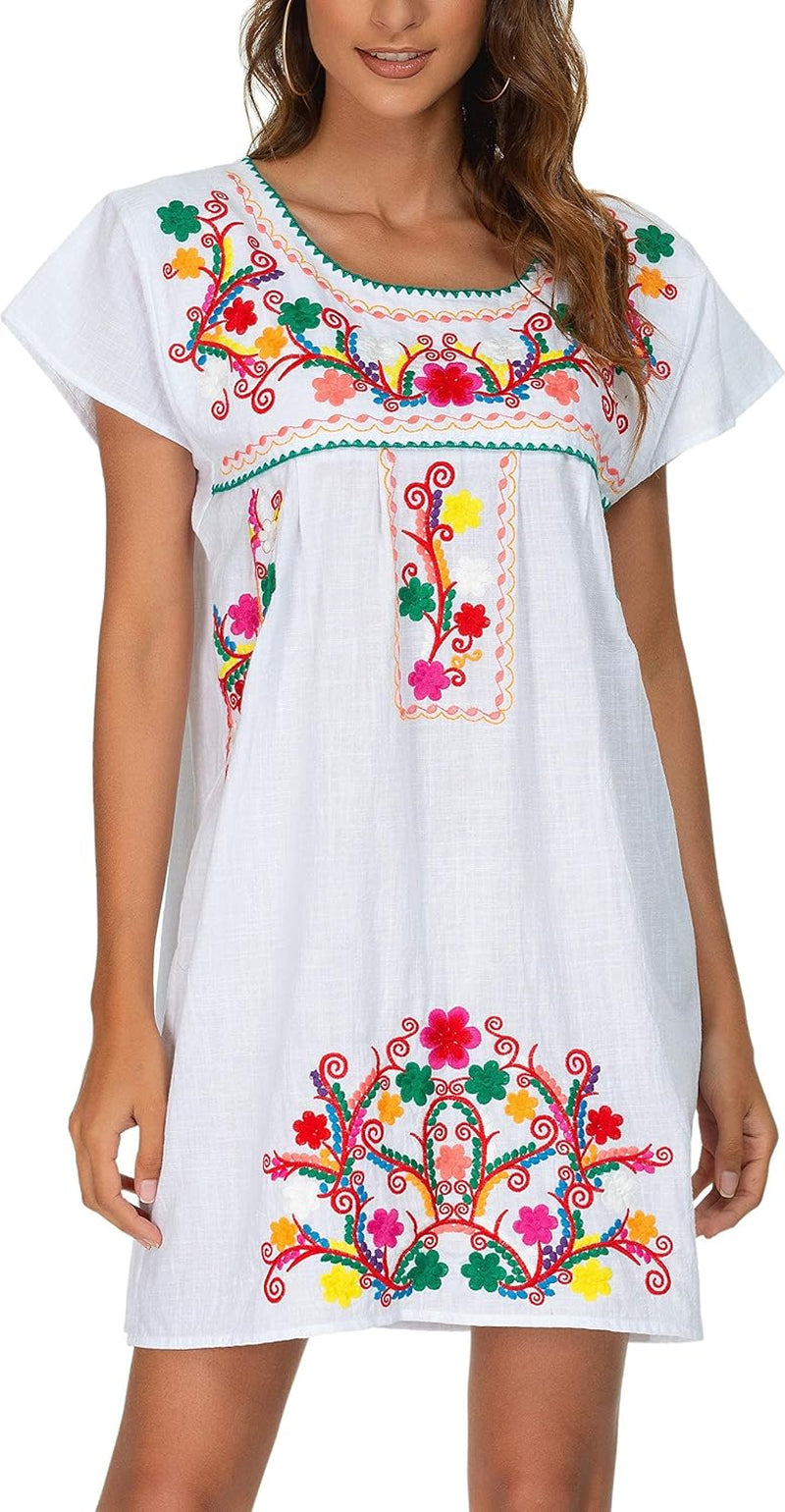 Women Mexican Embroidered Dress Short Sleeve