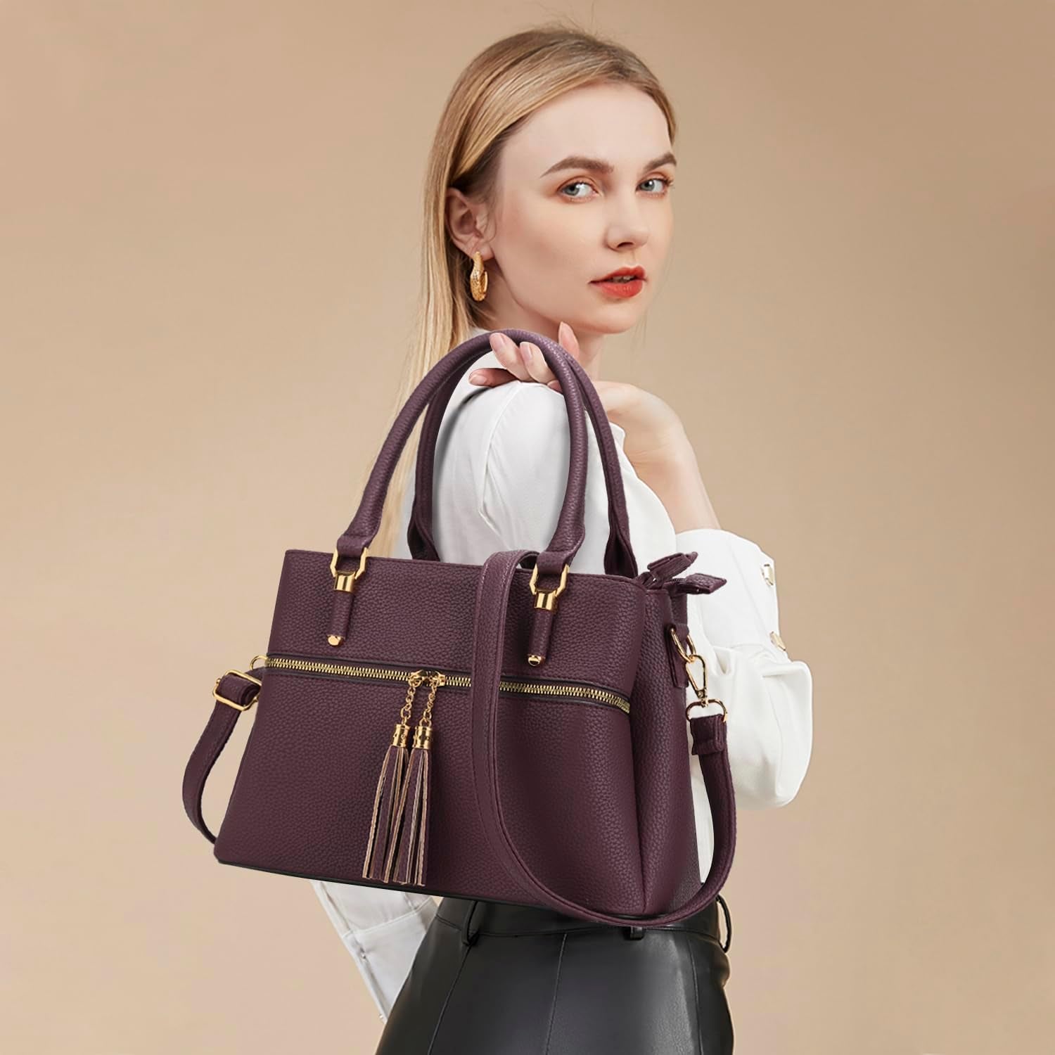 Women Satchel Bags Handle Shoulder Handbags and Purses Pockets Zipper Leather Crossbody Bags