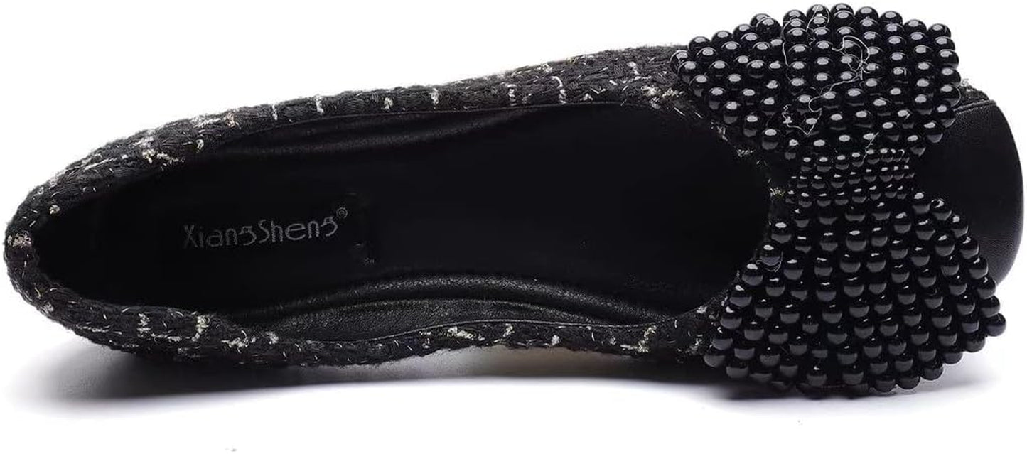 Women'S Classic Ballet Flat Shoes Bow Plaid Skirt Square Head Comfortable Non Slip Wedding Flat Shoes Women'S Dress Flat Shoes Black Size9
