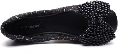 Women'S Classic Ballet Flat Shoes Bow Plaid Skirt Square Head Comfortable Non Slip Wedding Flat Shoes Women'S Dress Flat Shoes Black Size9
