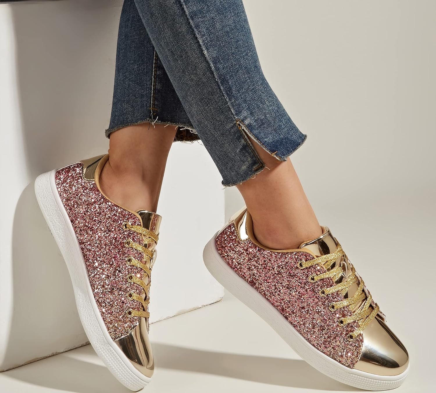 Glitter Shoes Sparkly Bling Shiny Bedazzled Lace up Fashion Sneakers for Women