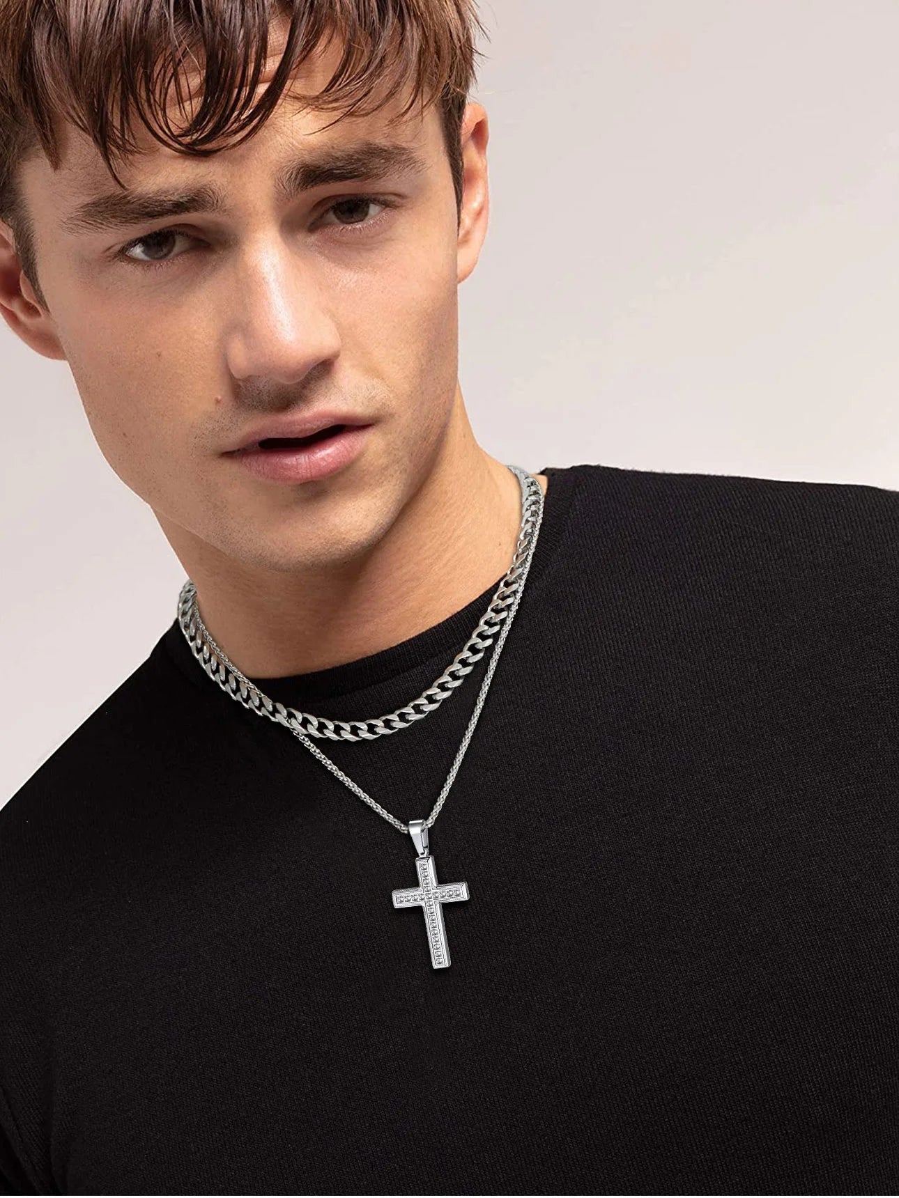 Men'S Cross Necklace with Sparkle Cubic Zirconia Christian Jesus Cross Pendant Necklace 3D Trendy Jewelry Gift, Silver