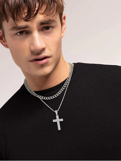 Men'S Cross Necklace with Sparkle Cubic Zirconia Christian Jesus Cross Pendant Necklace 3D Trendy Jewelry Gift, Silver