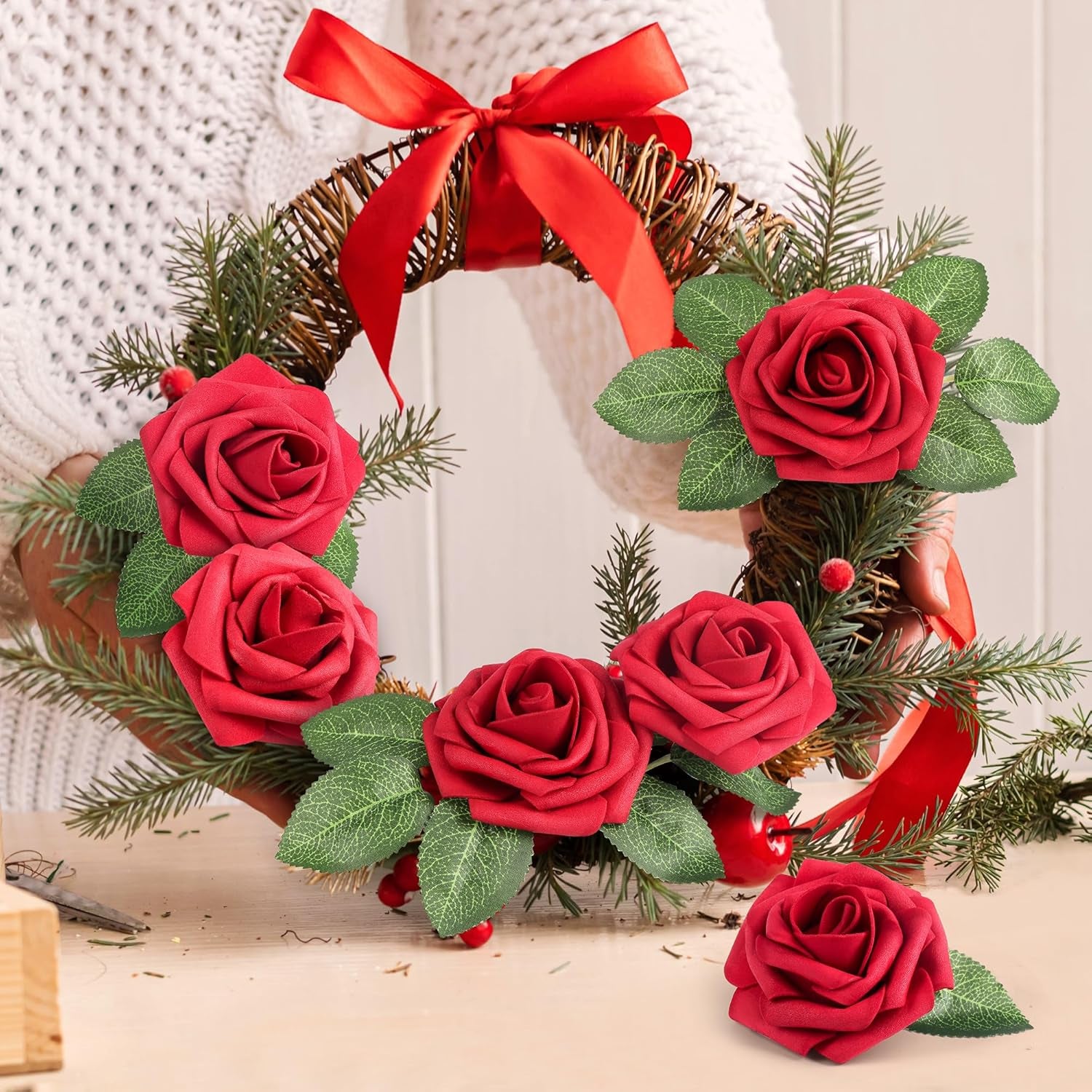 50Pcs Red Roses Artificial Flowers Bulk, Red Roses for Decorations, Real Looking Fake Foam Roses Bulk with Stems DIY Wedding Bouquet Faux Floral Arrangement Bride Shower Party Home Table Decor