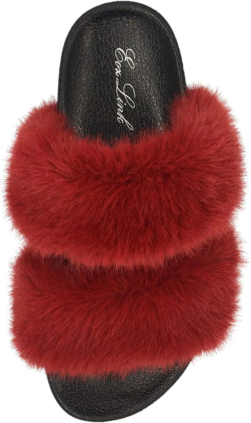 Fluffy Fur Slides for Women Single/Double Band Faux Fur Decor with Glitter Rhinestones Sliders Two Strap Slide Open Toe Slippers Fur Slides for Women Fluffy Sandals