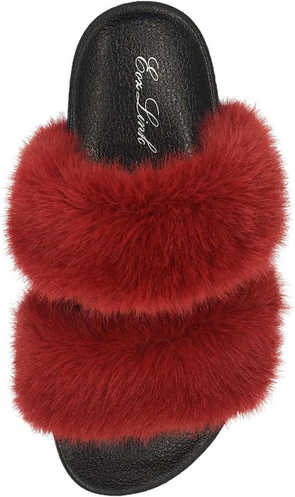 Fluffy Fur Slides for Women Single/Double Band Faux Fur Decor with Glitter Rhinestones Sliders Two Strap Slide Open Toe Slippers Fur Slides for Women Fluffy Sandals