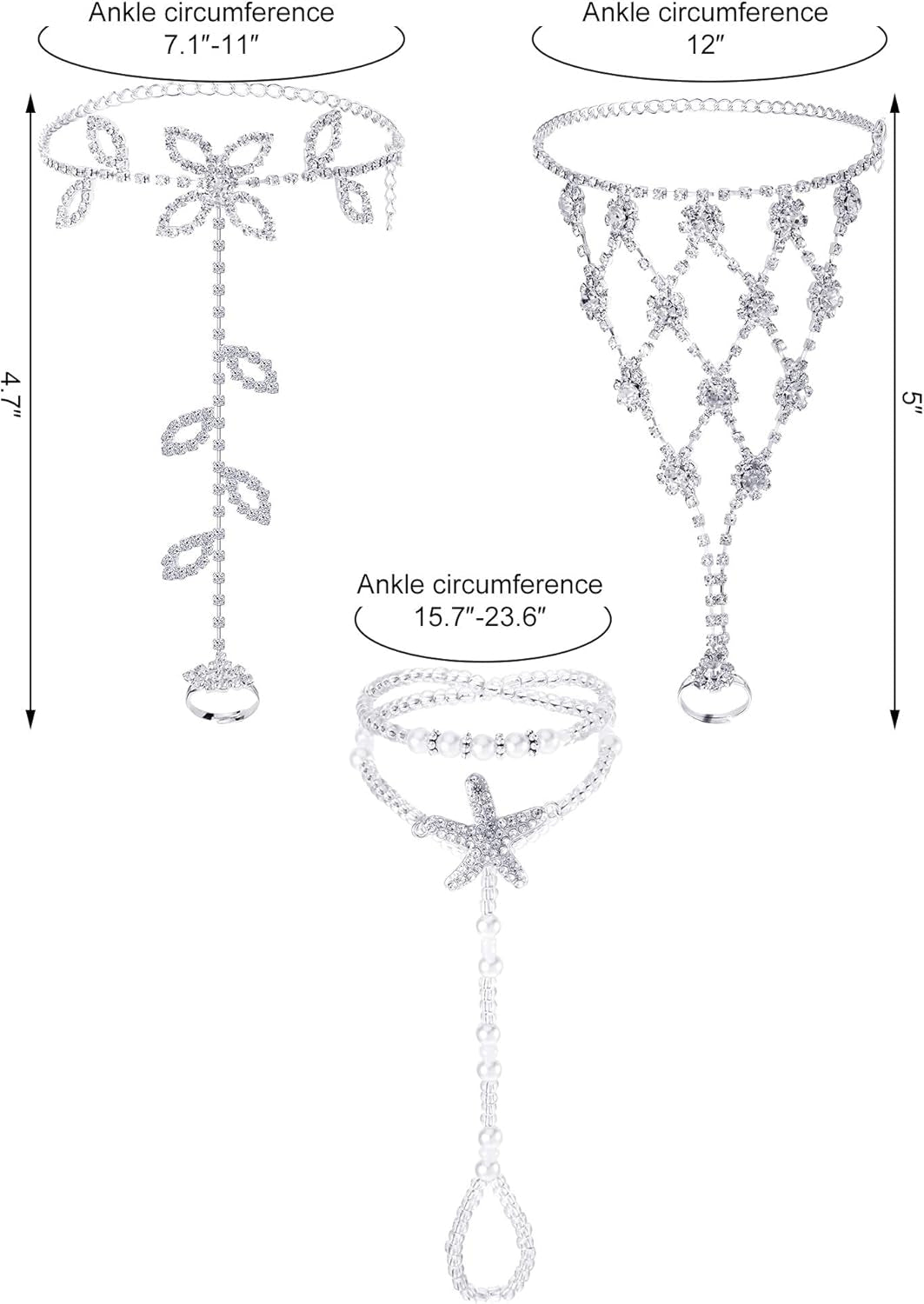6 Pcs Foot Jewelry Barefoot Sandals for Women Rhinestone Anklets Bohemian Foot Chain for Beach Wedding Valentine