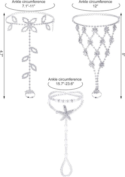 6 Pcs Foot Jewelry Barefoot Sandals for Women Rhinestone Anklets Bohemian Foot Chain for Beach Wedding Valentine