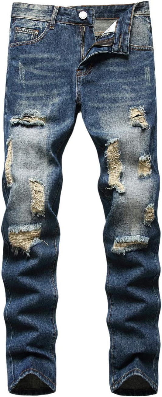 Men'S Ripped Distressed Destroyed Straight Fit Washed Denim Jeans Pants