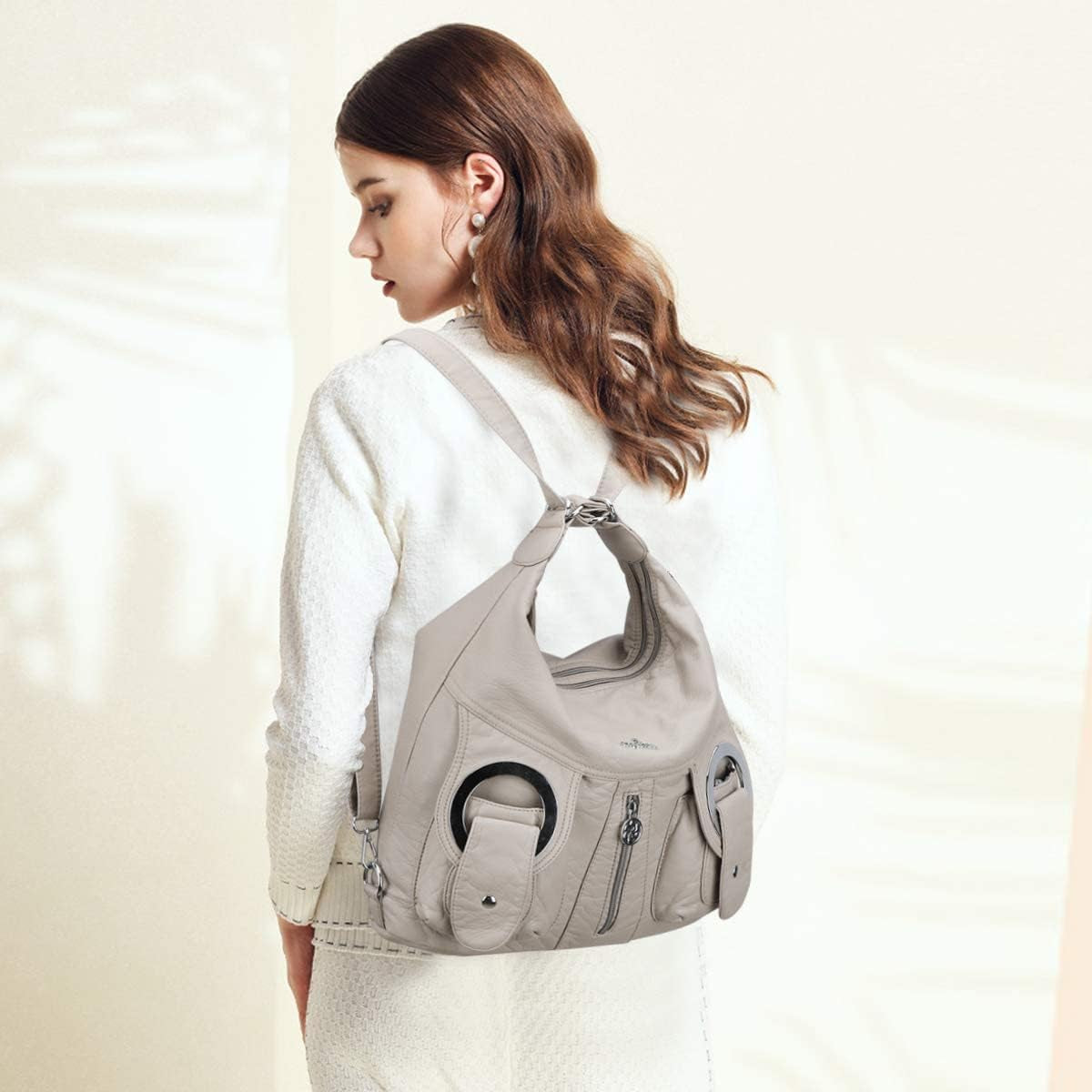 Angel Kiss Purses and Handbags for Women Multi-Pocket Roomy Hobo Shoulder Bags Ladies Satchel Tote Washed Soft Leather Bag