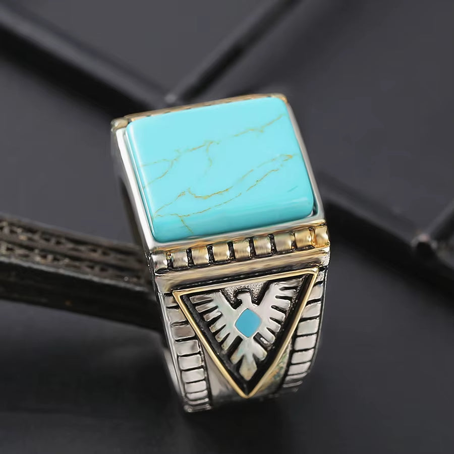 Fashion Vintage Square Turquoise Stones Rings for Men Feather Carving Indian Accessories Jewelry Bague Masculine Cool Band Gift