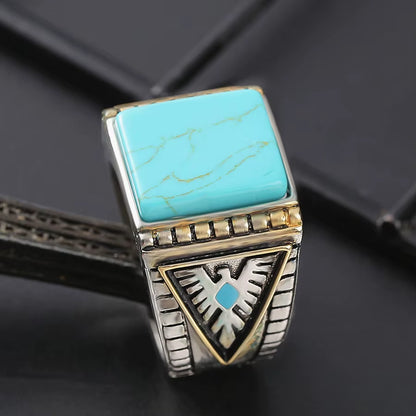 Fashion Vintage Square Turquoise Stones Rings for Men Feather Carving Indian Accessories Jewelry Bague Masculine Cool Band Gift