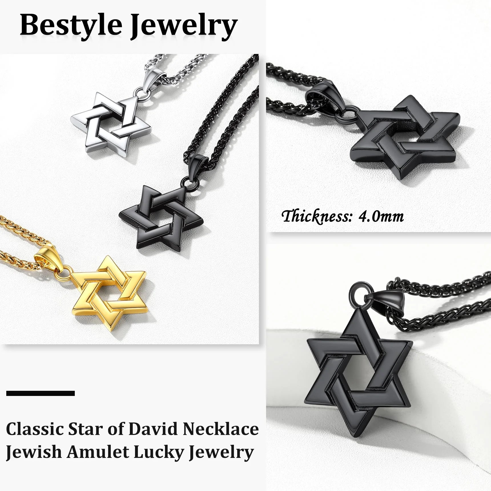 Jewish Star of David Necklace Hexagram Pendant Necklace Stainless Steel Jewelry Gifts for Men Boyfriend Dad Father - Black