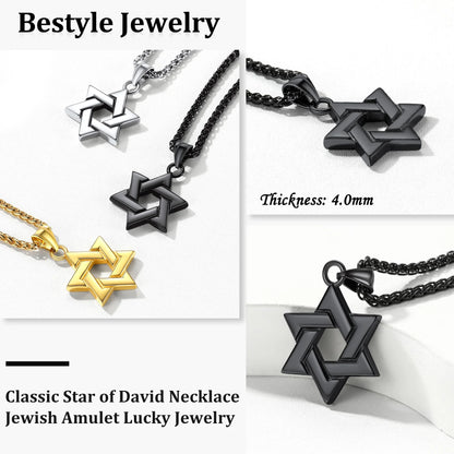 Jewish Star of David Necklace Hexagram Pendant Necklace Stainless Steel Jewelry Gifts for Men Boyfriend Dad Father - Black