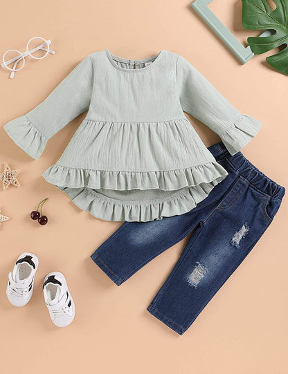 Toddler Baby Girl Clothes Cotton Linen Long Sleeve Ruffle Top and Ripped Jeans Outfit Sets