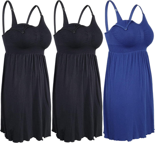 Nursing Gowns with Built-In Nursing Bra-3-Pack Breastfeeding Night Gown-Comfort Soft for Labor Postpartum Hospital