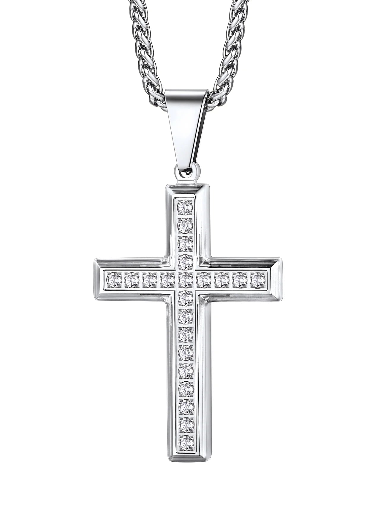 Men'S Cross Necklace with Sparkle Cubic Zirconia Christian Jesus Cross Pendant Necklace 3D Trendy Jewelry Gift, Silver