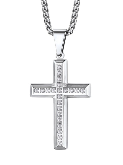 Men'S Cross Necklace with Sparkle Cubic Zirconia Christian Jesus Cross Pendant Necklace 3D Trendy Jewelry Gift, Silver