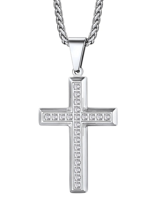 Men'S Cross Necklace with Sparkle Cubic Zirconia Christian Jesus Cross Pendant Necklace 3D Trendy Jewelry Gift, Silver