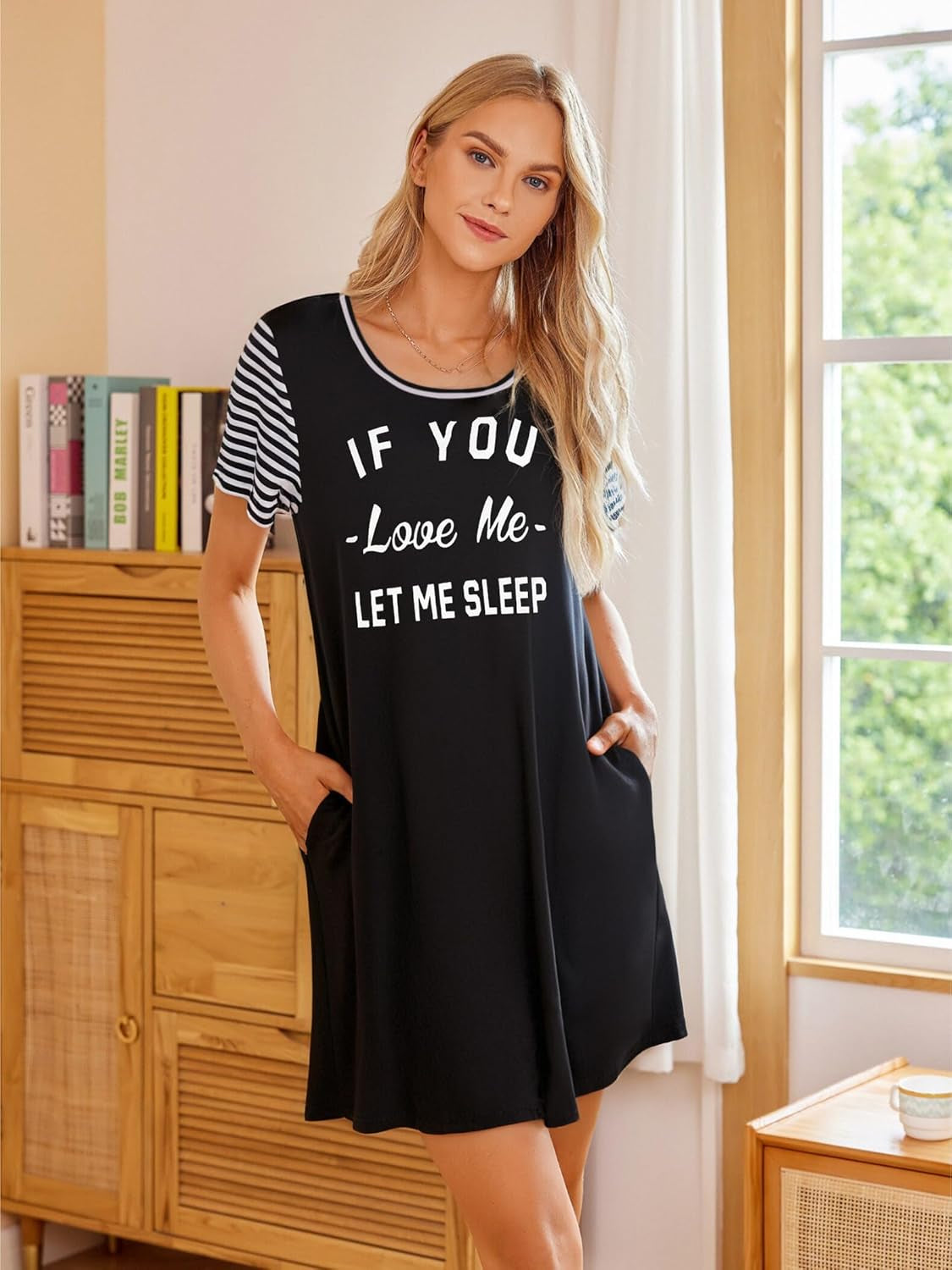 Nightgowns for Women Soft Sleep Shirts with Pockets Short Sleeves Printed Crewneck Nightshirt S-XXXL