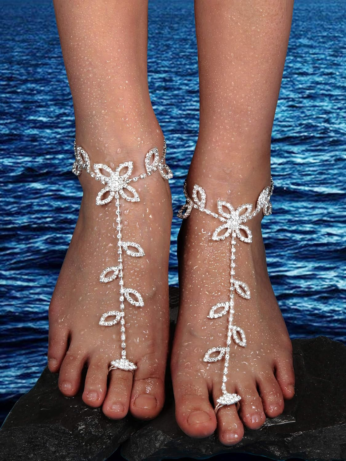 6 Pcs Foot Jewelry Barefoot Sandals for Women Rhinestone Anklets Bohemian Foot Chain for Beach Wedding Valentine