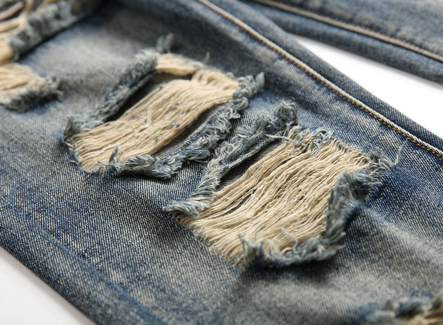 Men'S Ripped Distressed Destroyed Straight Fit Washed Denim Jeans Pants