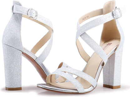 Women'S Chunky High Heel Sandal Strappy Open Toe Ankle Strap Dress Shoes for Women Bridesmaid Ladies in Wedding Bridal Evening Homecoming Prom