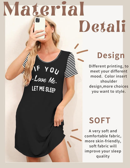 Nightgowns for Women Soft Sleep Shirts with Pockets Short Sleeves Printed Crewneck Nightshirt S-XXXL