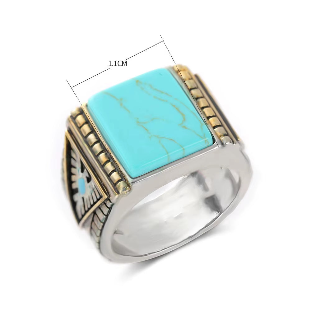 Fashion Vintage Square Turquoise Stones Rings for Men Feather Carving Indian Accessories Jewelry Bague Masculine Cool Band Gift