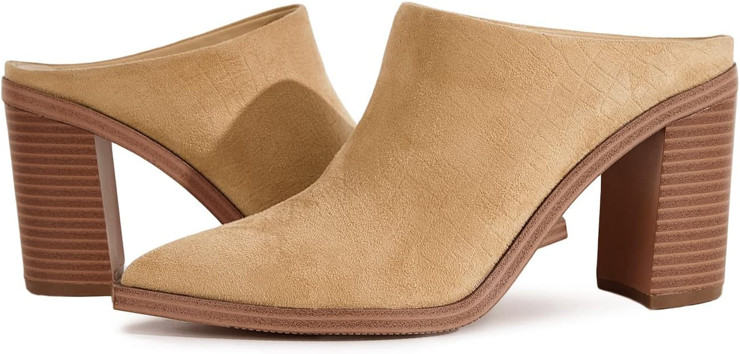 Womens Chunky Heels Mules Backless Closed Toe Slip on Stacked Block Heel Booties