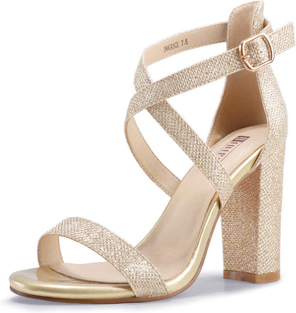 Women'S Chunky High Heel Sandal Strappy Open Toe Ankle Strap Dress Shoes for Women Bridesmaid Ladies in Wedding Bridal Evening Homecoming Prom