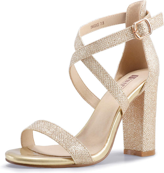 Women'S Chunky High Heel Sandal Strappy Open Toe Ankle Strap Dress Shoes for Women Bridesmaid Ladies in Wedding Bridal Evening Homecoming Prom