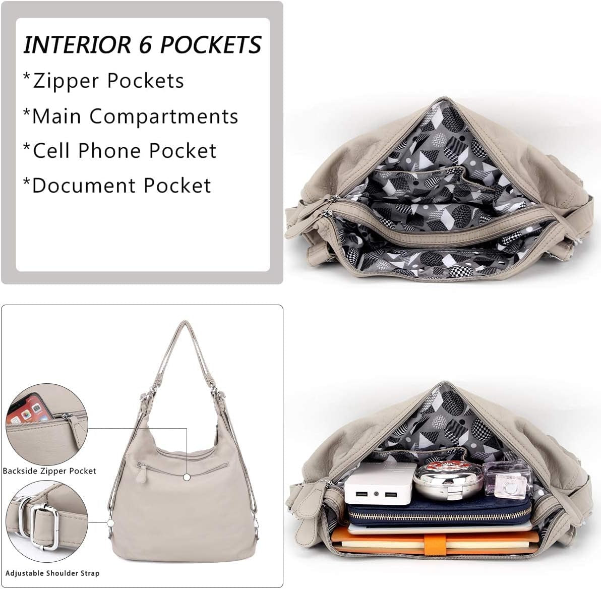 Angel Kiss Purses and Handbags for Women Multi-Pocket Roomy Hobo Shoulder Bags Ladies Satchel Tote Washed Soft Leather Bag
