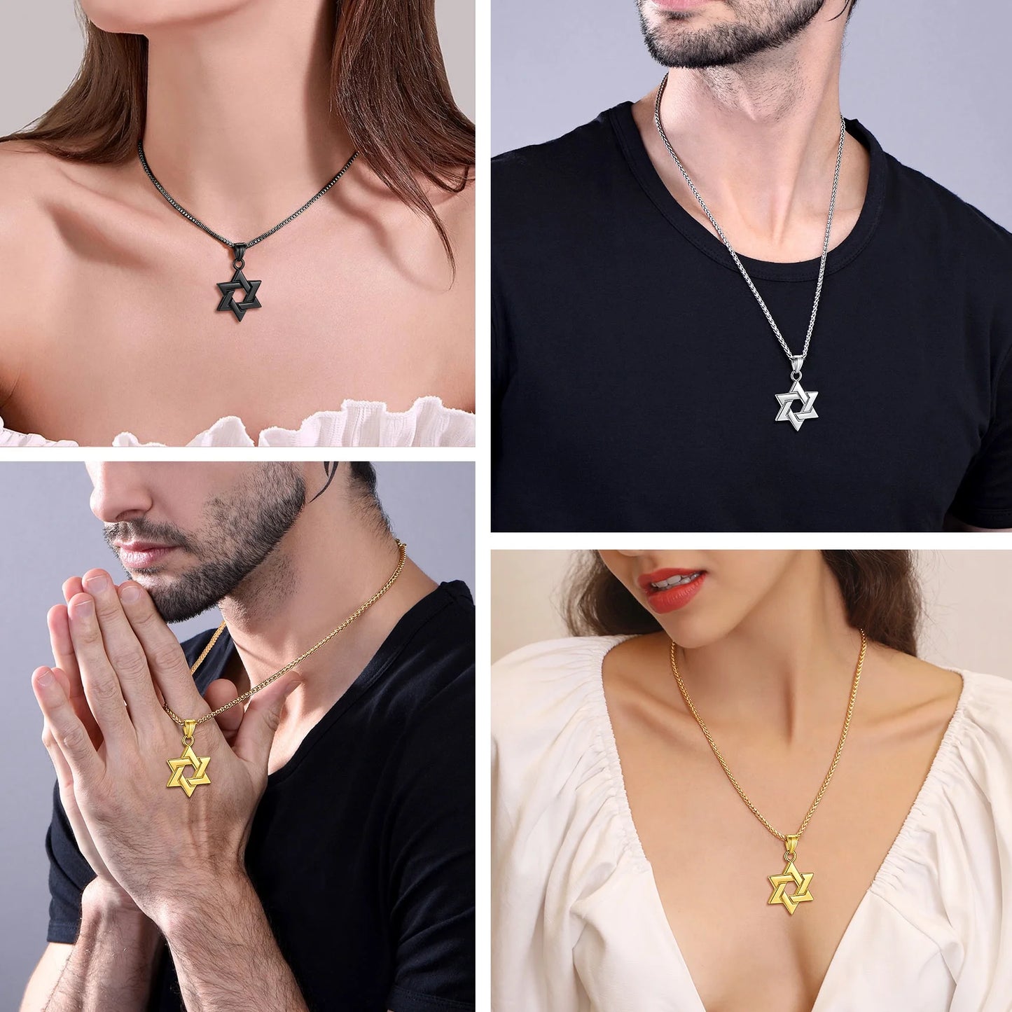 Jewish Star of David Necklace Hexagram Pendant Necklace Stainless Steel Jewelry Gifts for Men Boyfriend Dad Father - Black