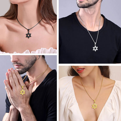 Jewish Star of David Necklace Hexagram Pendant Necklace Stainless Steel Jewelry Gifts for Men Boyfriend Dad Father - Black