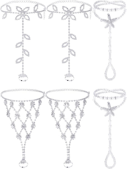6 Pcs Foot Jewelry Barefoot Sandals for Women Rhinestone Anklets Bohemian Foot Chain for Beach Wedding Valentine