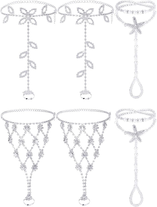 6 Pcs Foot Jewelry Barefoot Sandals for Women Rhinestone Anklets Bohemian Foot Chain for Beach Wedding Valentine