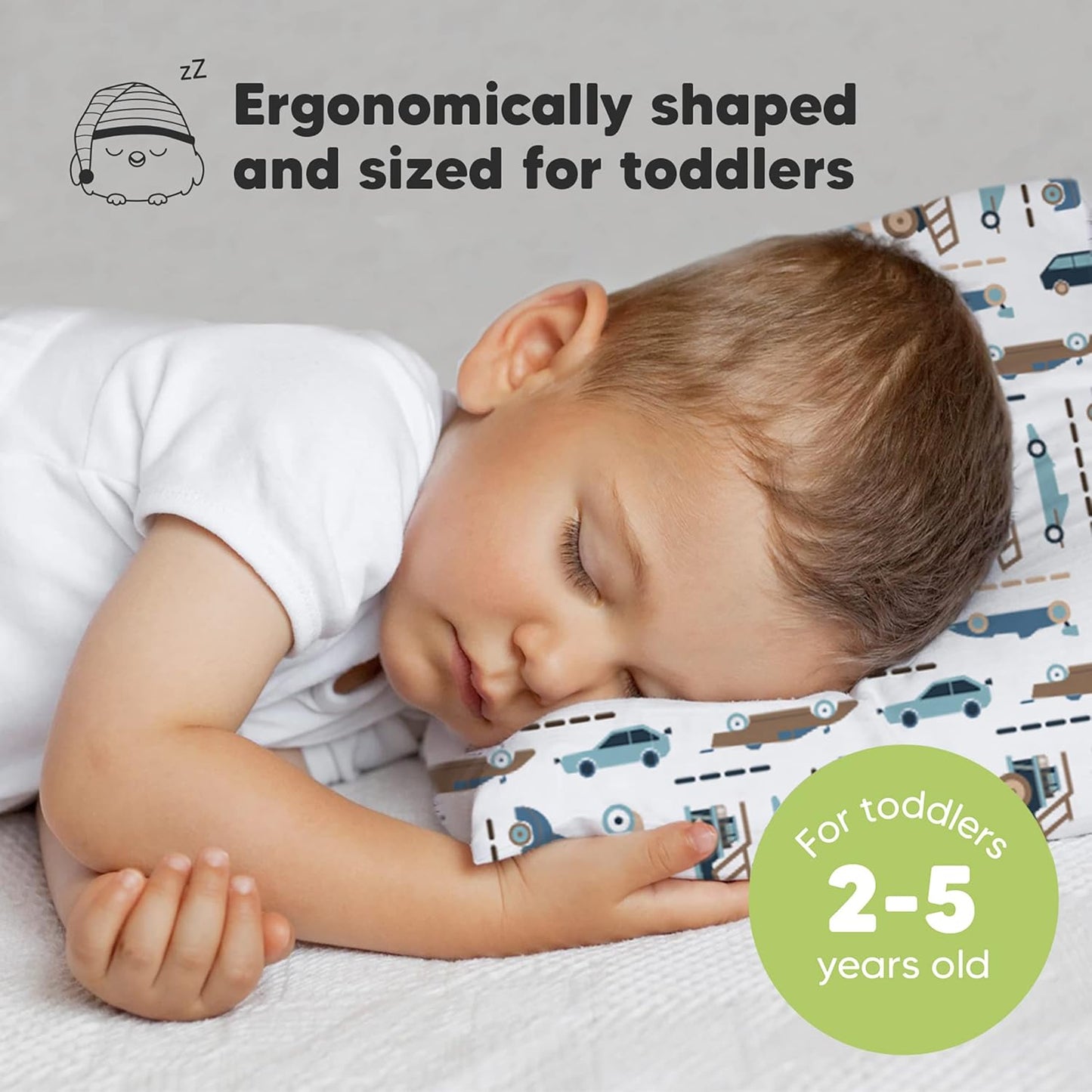 Toddler Pillow with Pillowcase - 13X18 My Little Dreamy Kids Travel Bed Pillows for Sleeping, Organic Cotton Small Pillowcase, Soft & Breathable, Machine Washable, Toddlers 2-5 Years Old (Vroom)