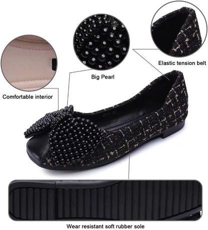 Women'S Classic Ballet Flat Shoes Bow Plaid Skirt Square Head Comfortable Non Slip Wedding Flat Shoes Women'S Dress Flat Shoes Black Size9