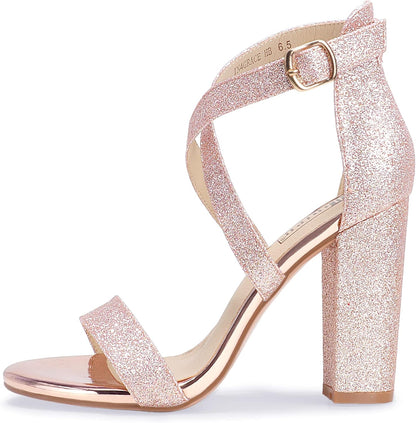 Women'S Chunky High Heel Sandal Strappy Open Toe Ankle Strap Dress Shoes for Women Bridesmaid Ladies in Wedding Bridal Evening Homecoming Prom
