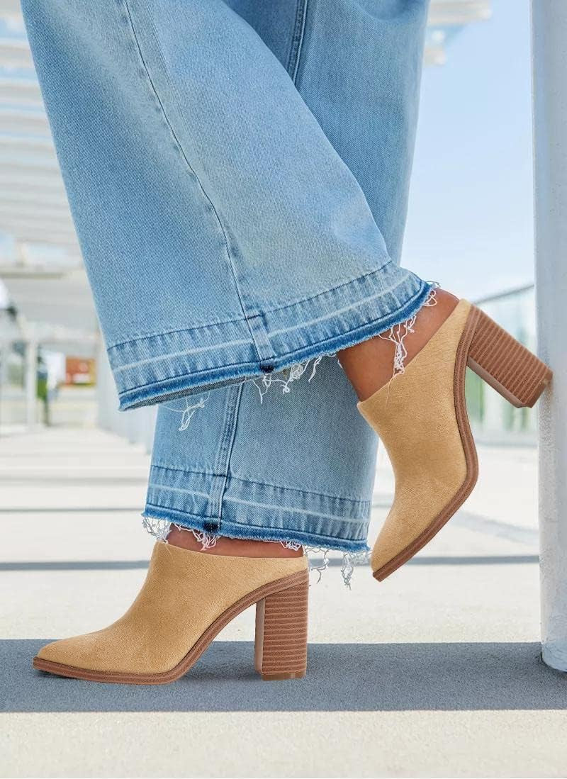 Womens Chunky Heels Mules Backless Closed Toe Slip on Stacked Block Heel Booties