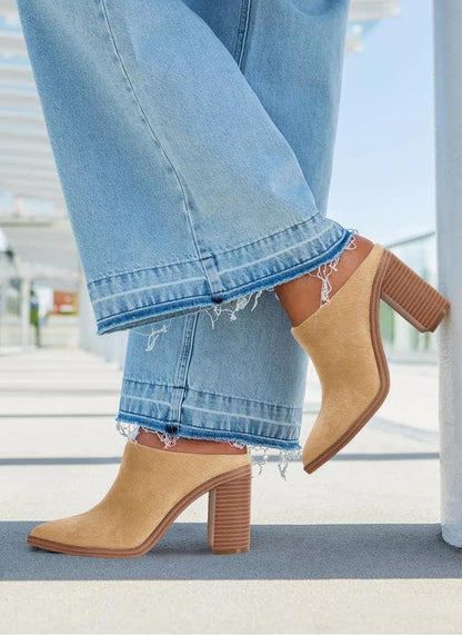 Womens Chunky Heels Mules Backless Closed Toe Slip on Stacked Block Heel Booties