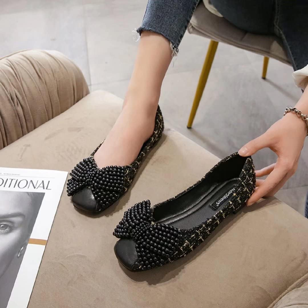 Women'S Classic Ballet Flat Shoes Bow Plaid Skirt Square Head Comfortable Non Slip Wedding Flat Shoes Women'S Dress Flat Shoes Black Size9