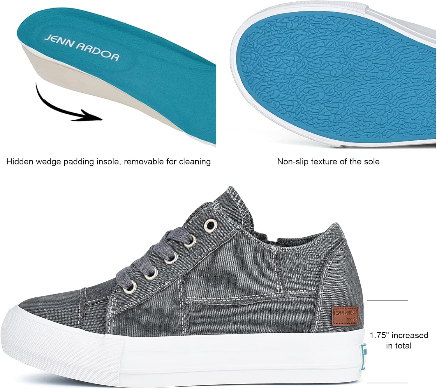 Wedge Sneakers for Women Fashion Canvas Shoes Casual Platform Hidden Heel Womens Slip on Sneaker Non Slip Side Zipper