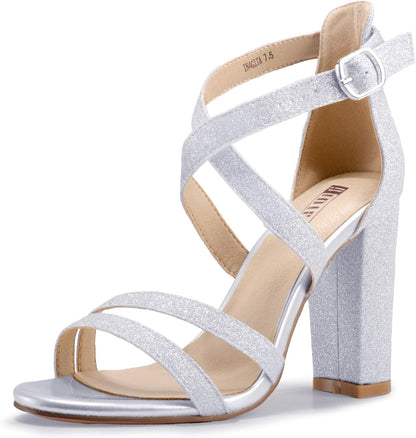 Women'S Chunky High Heel Sandal Strappy Open Toe Ankle Strap Dress Shoes for Women Bridesmaid Ladies in Wedding Bridal Evening Homecoming Prom
